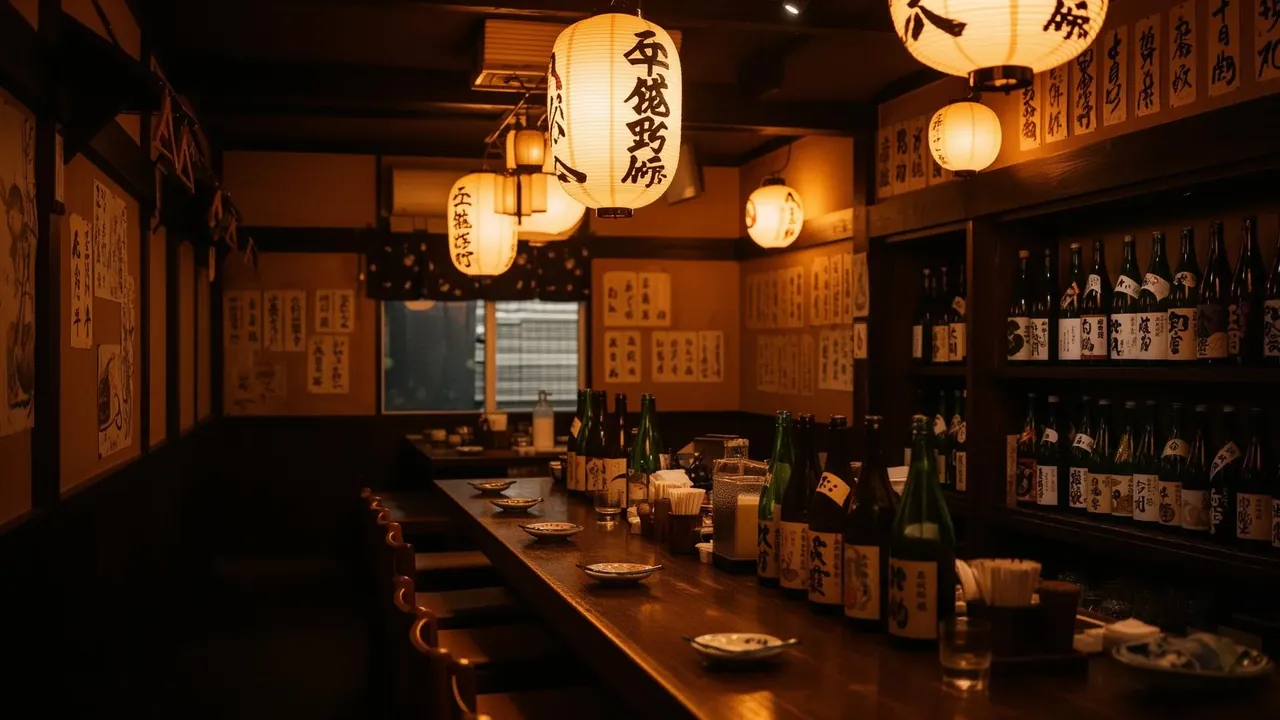 Traditional izakaya interior with lanterns and sake bottles