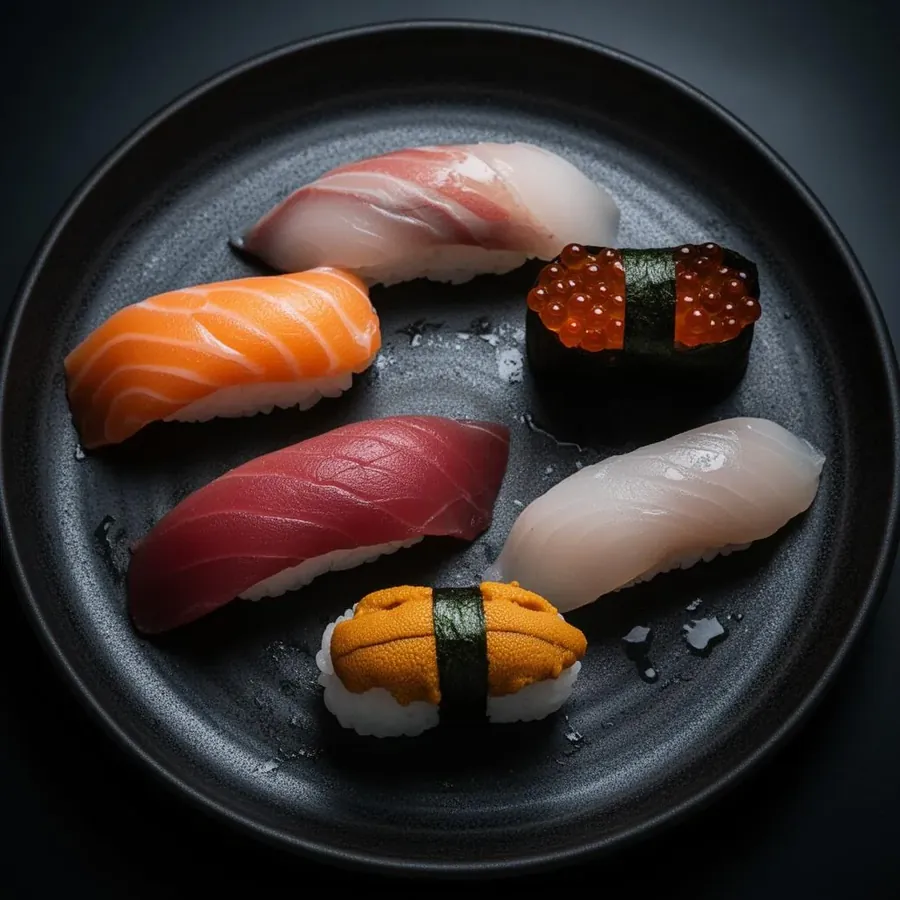 Assorted nigiri sushi and maki rolls arranged on a dark stone serving plate